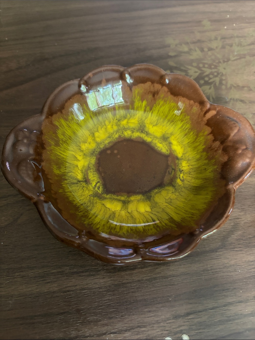 Vintage McMaster Pottery Scalloped Drip Glaze Small Bowl mid century